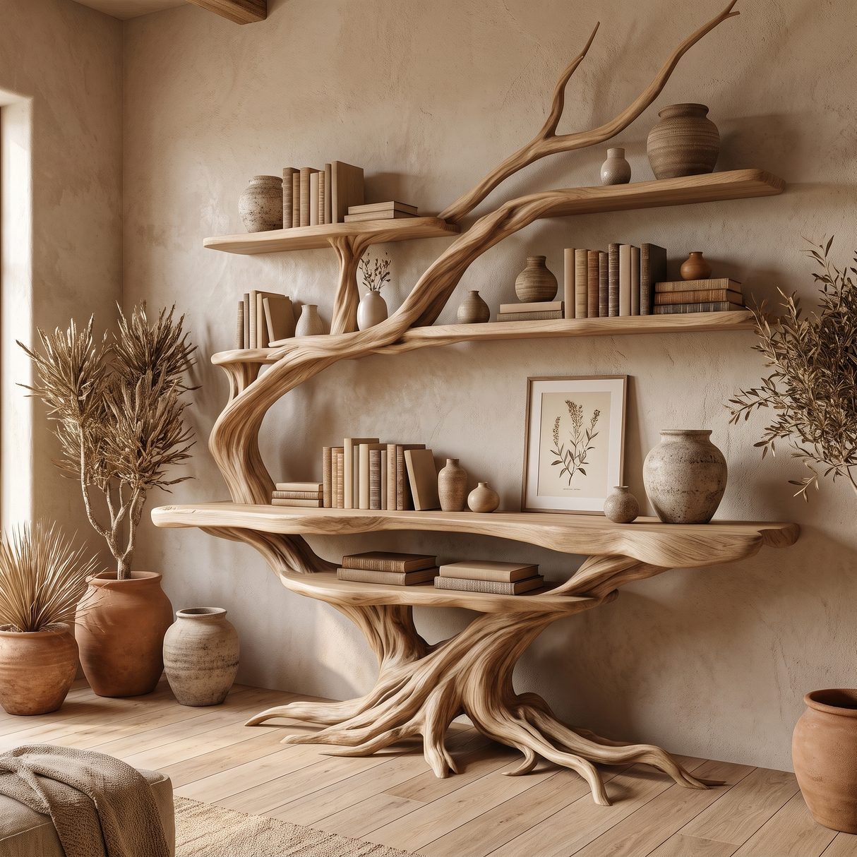 Zephyros Sculpted Solid Wood Console Table with Shelves Natural Oak - Timberustic Console Table with Shelves