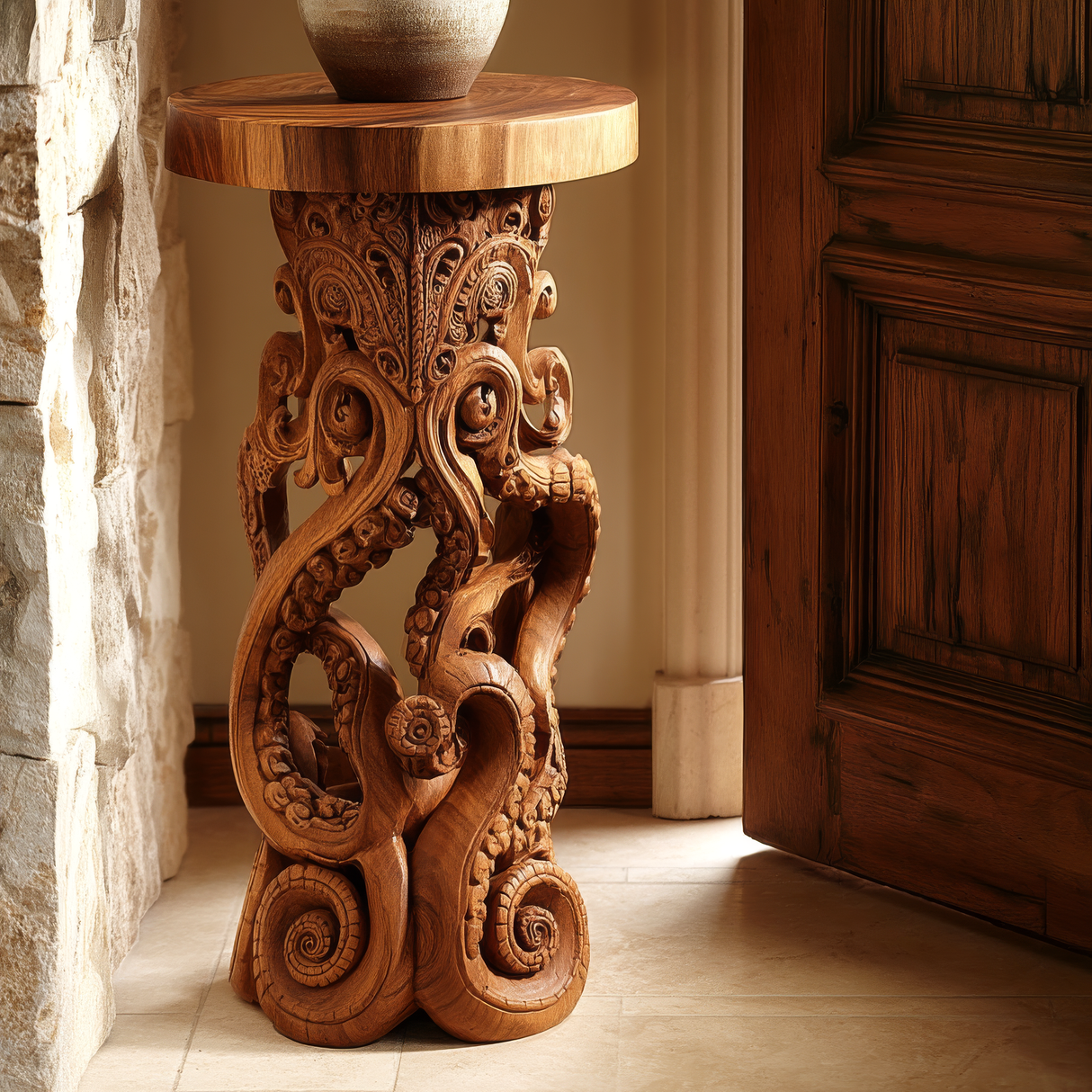 Torvane Sculpted Solid Wood Pedestal Stand - Timberustic Pedestal Stand