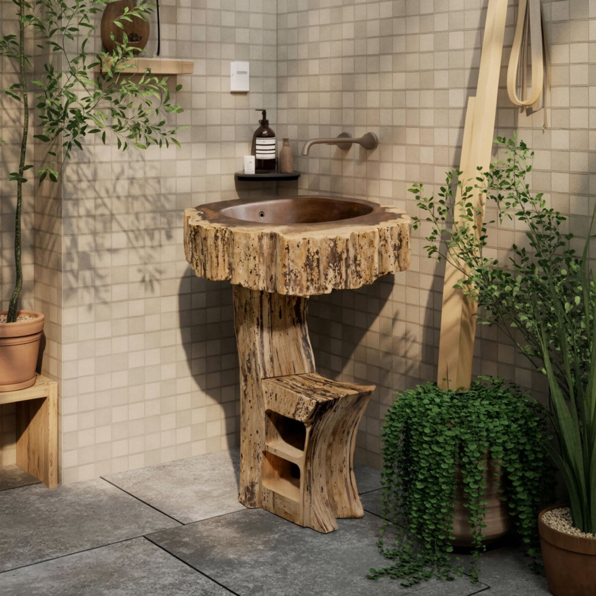 Trunk Pedestal Natural Wood Bathroom Sink