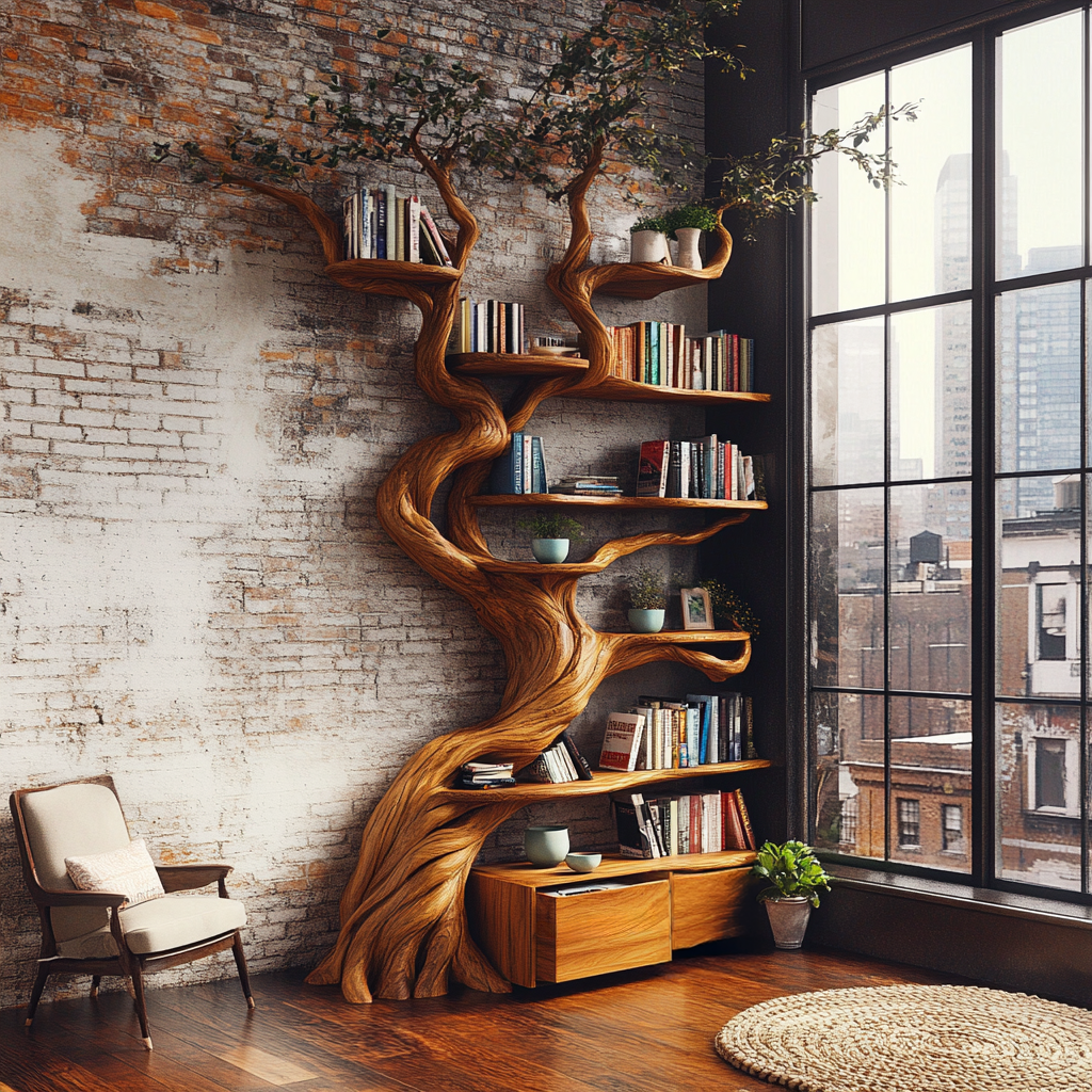Vaelor Organic Modern Tree Bookshelf with Drawers - Timberustic Tree Bookshelf