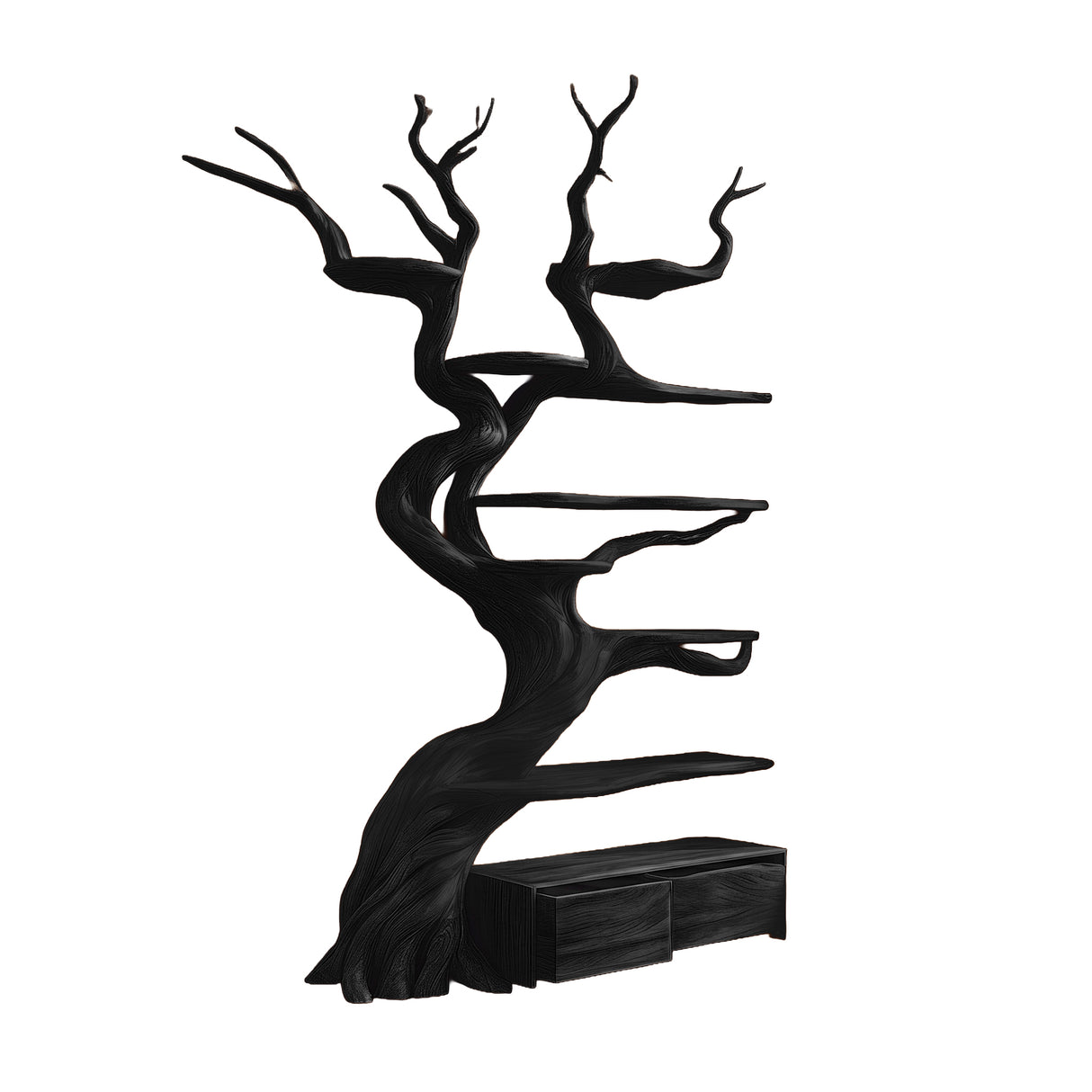 Vaelor Organic Modern Tree Bookshelf with Drawers Black - Timberustic Tree Bookshelf