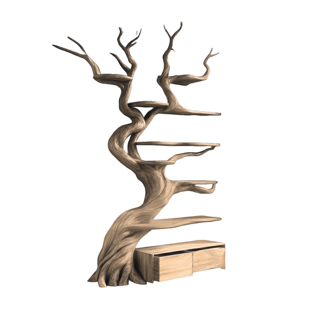 Vaelor Organic Modern Tree Bookshelf with Drawers Natural Oak - Timberustic Tree Bookshelf