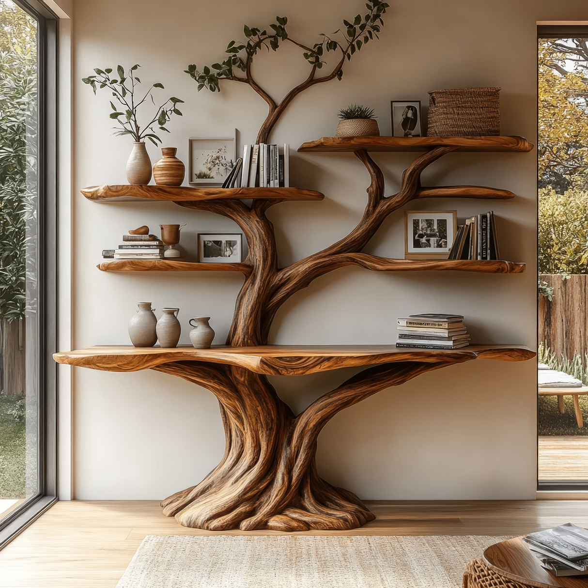 Vaelor Sculpted Solid Wood Console Table with Shelves - Timberustic Console Table with Shelves