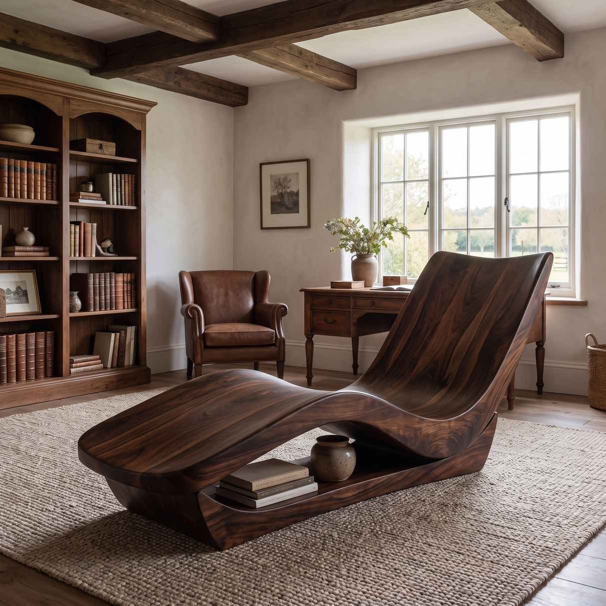 Vaeloris Handcrafted Sculpted Solid Wood Chaise Lounge