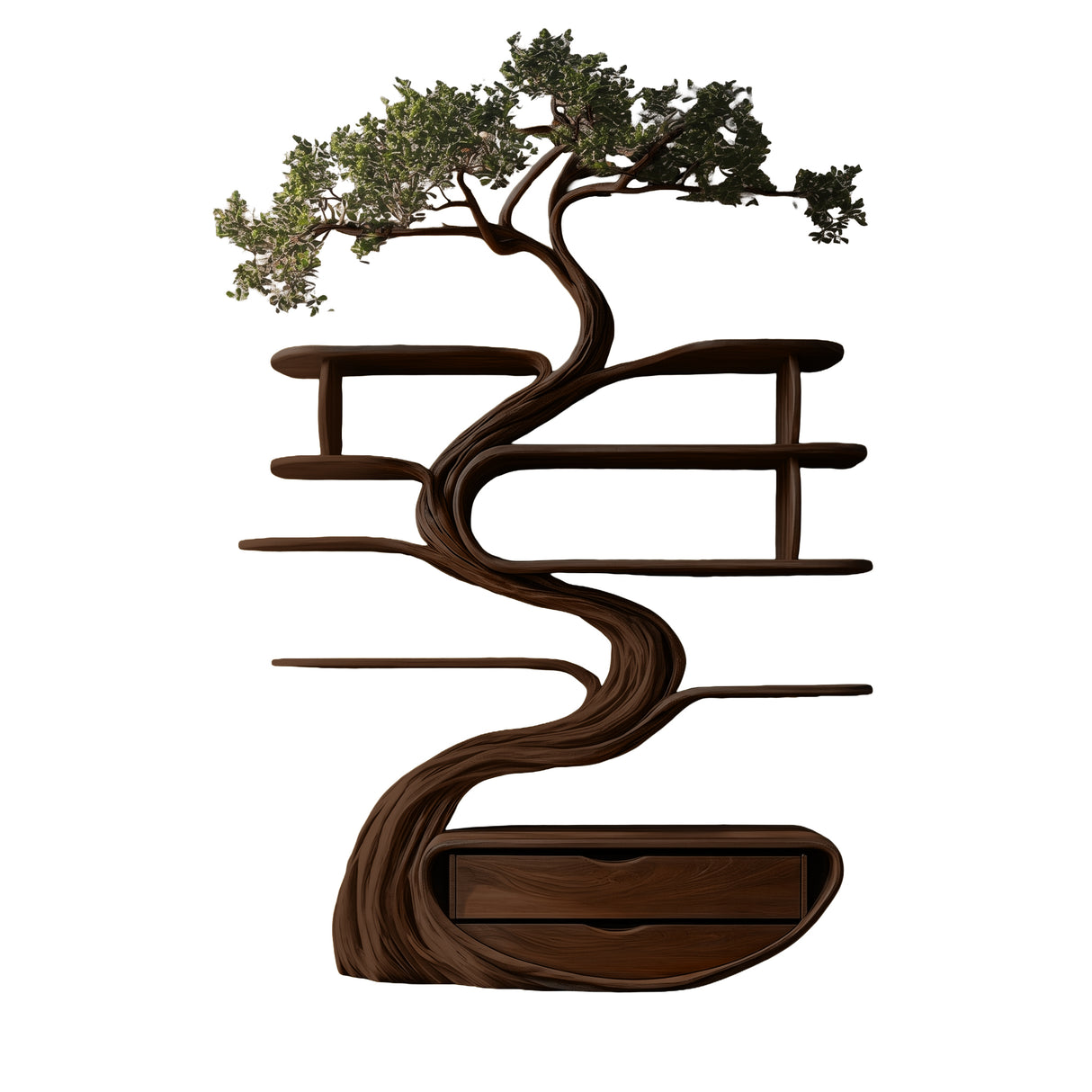 Vaelrith Sculpted Solid Wood Tree Bookshelf with Drawers Dark Walnut - Timberustic Tree Bookshelf