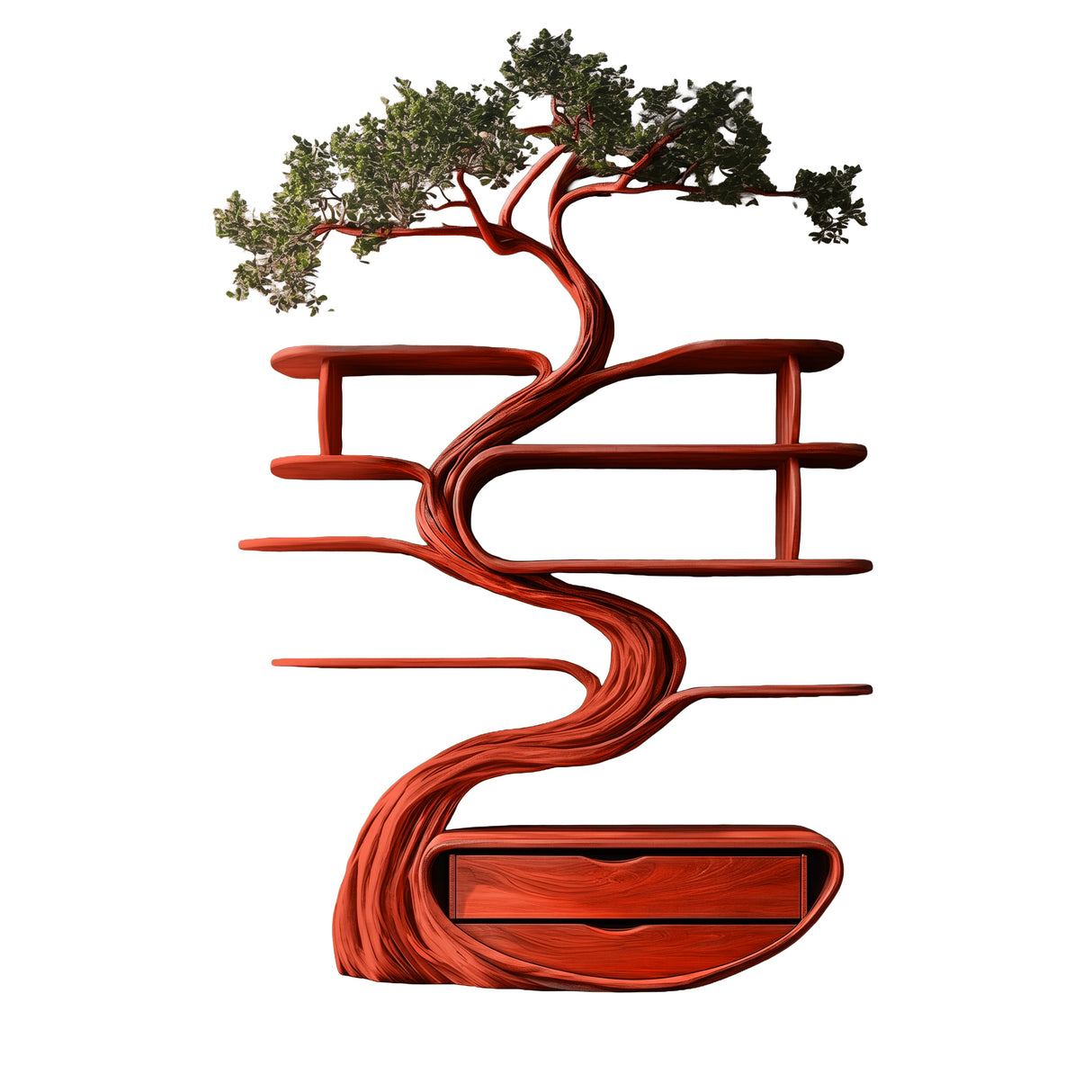 Vaelrith Sculpted Solid Wood Tree Bookshelf with Drawers Mahogany - Timberustic Tree Bookshelf