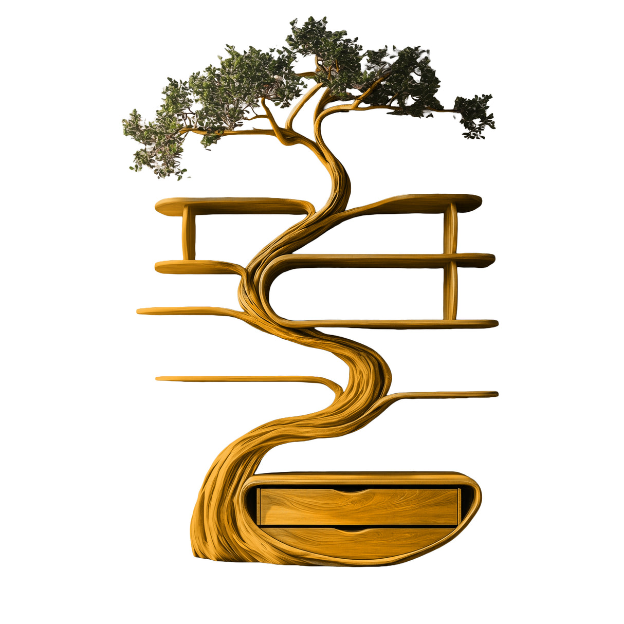 Vaelrith Sculpted Solid Wood Tree Bookshelf with Drawers Teak - Timberustic Tree Bookshelf