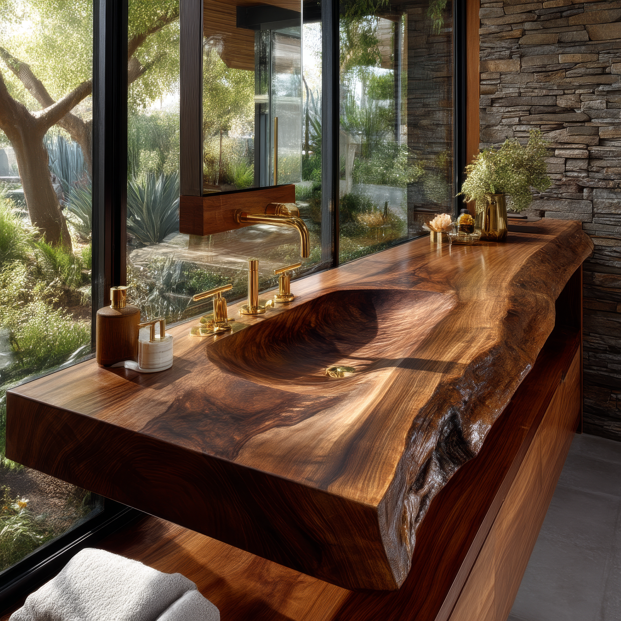 Valdren Sculpted Live Edge Solid Wood Floating Bathroom Vanity with Integrated Sink SPA354346 - Timberustic Floating Bathroom Vanity with Integrated Sink