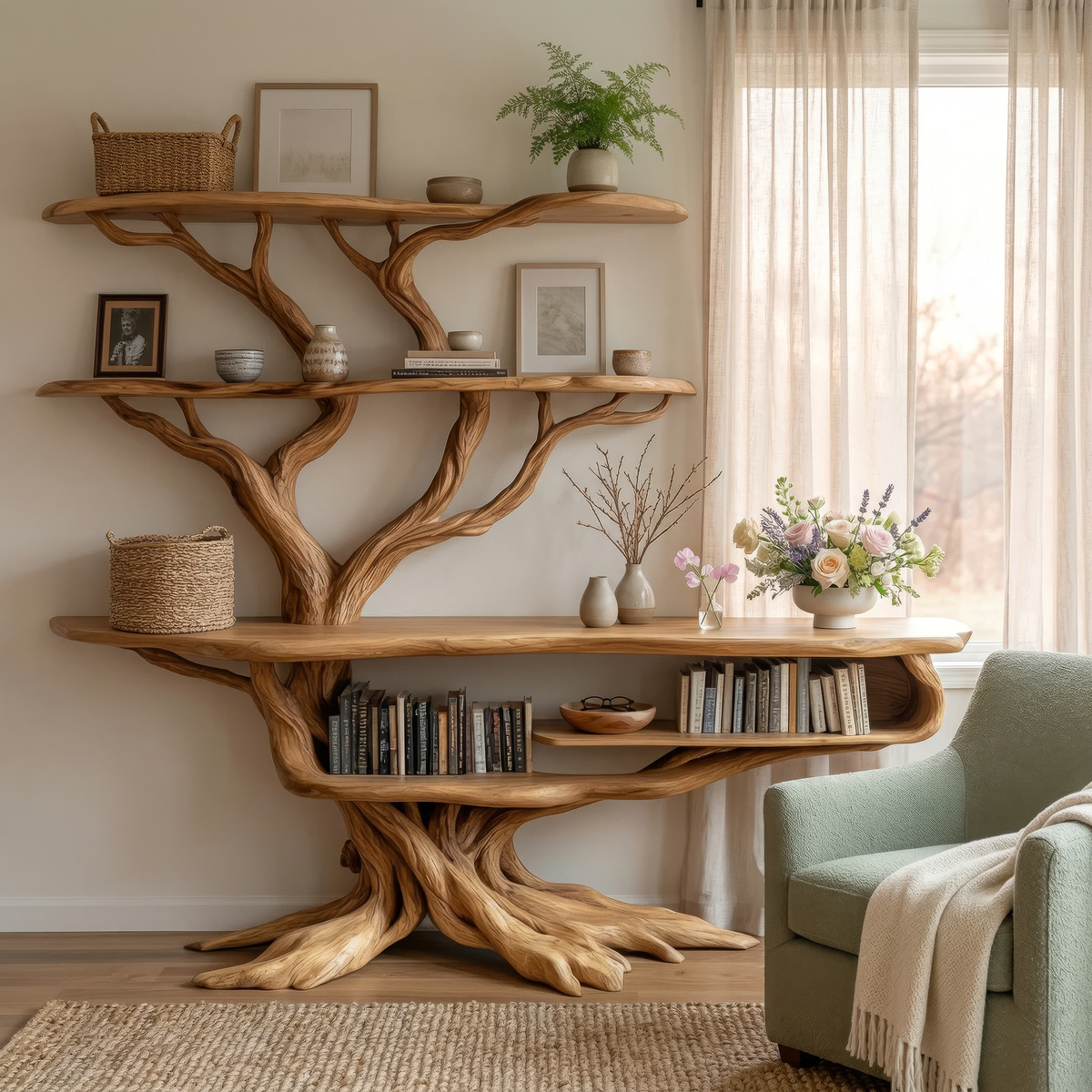 Valeris Sculpted Solid Wood Console Table with Shelves, Organic Modern ...