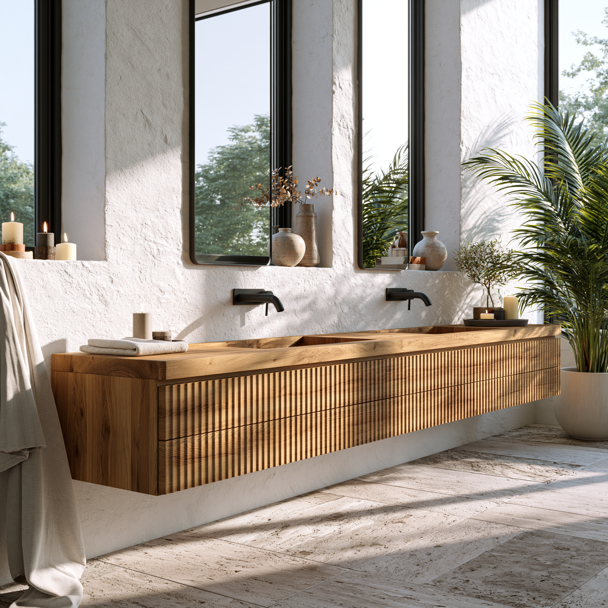 Valerune Sculpted Solid Wood Floating Bathroom Vanity with Integrated Sinks and Drawers