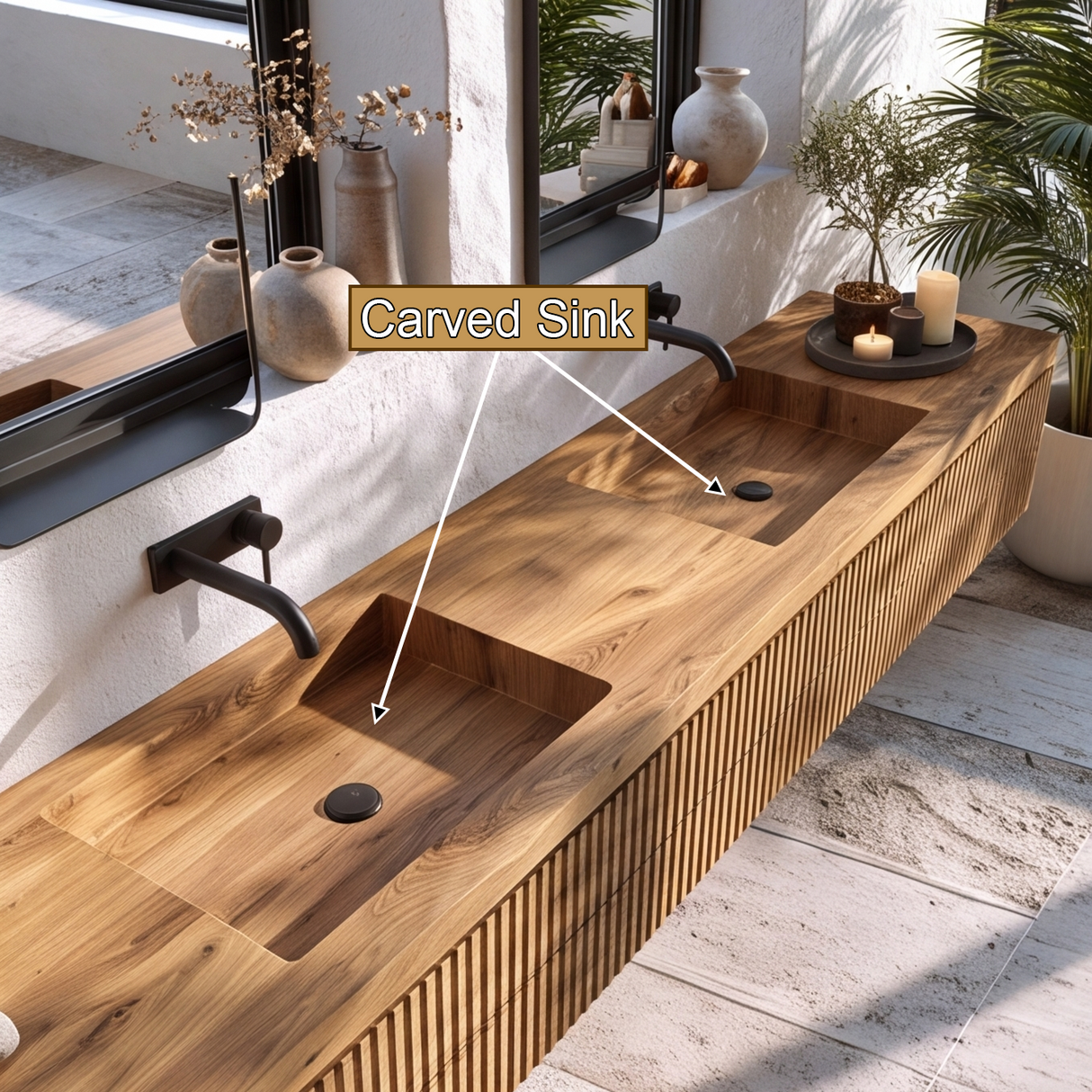 Valerune Sculpted Solid Wood Floating Bathroom Vanity with Integrated Sinks and Drawers