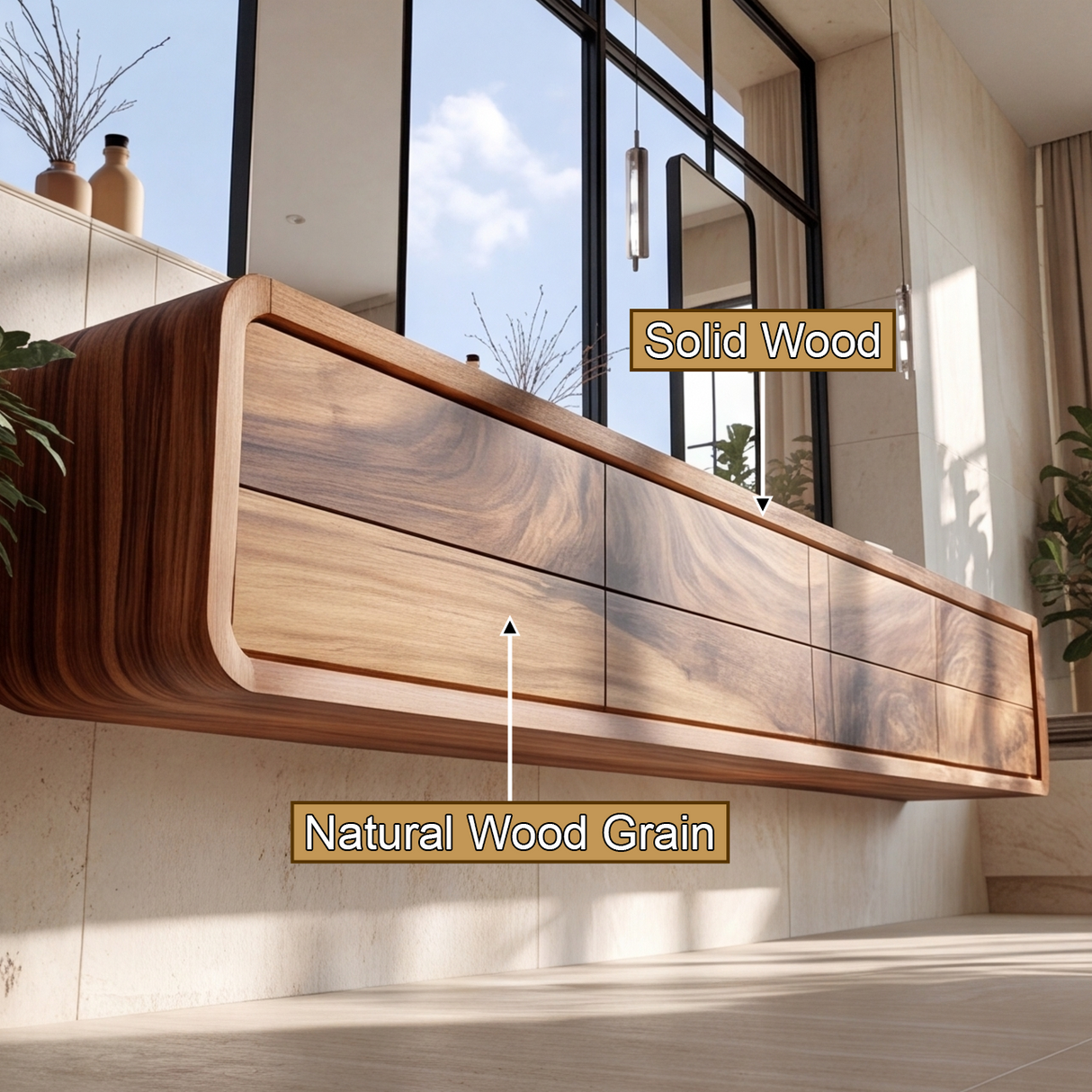 Valmere Handcrafted Solid Wood Floating Bathroom Vanity with Integrated Sinks and Drawers