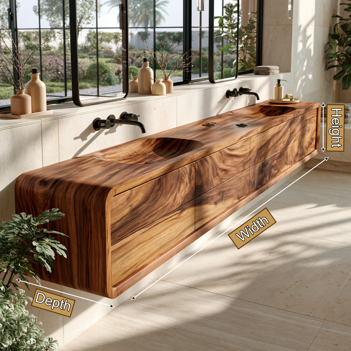 Valmere Handcrafted Solid Wood Floating Bathroom Vanity with Integrated Sinks and Drawers