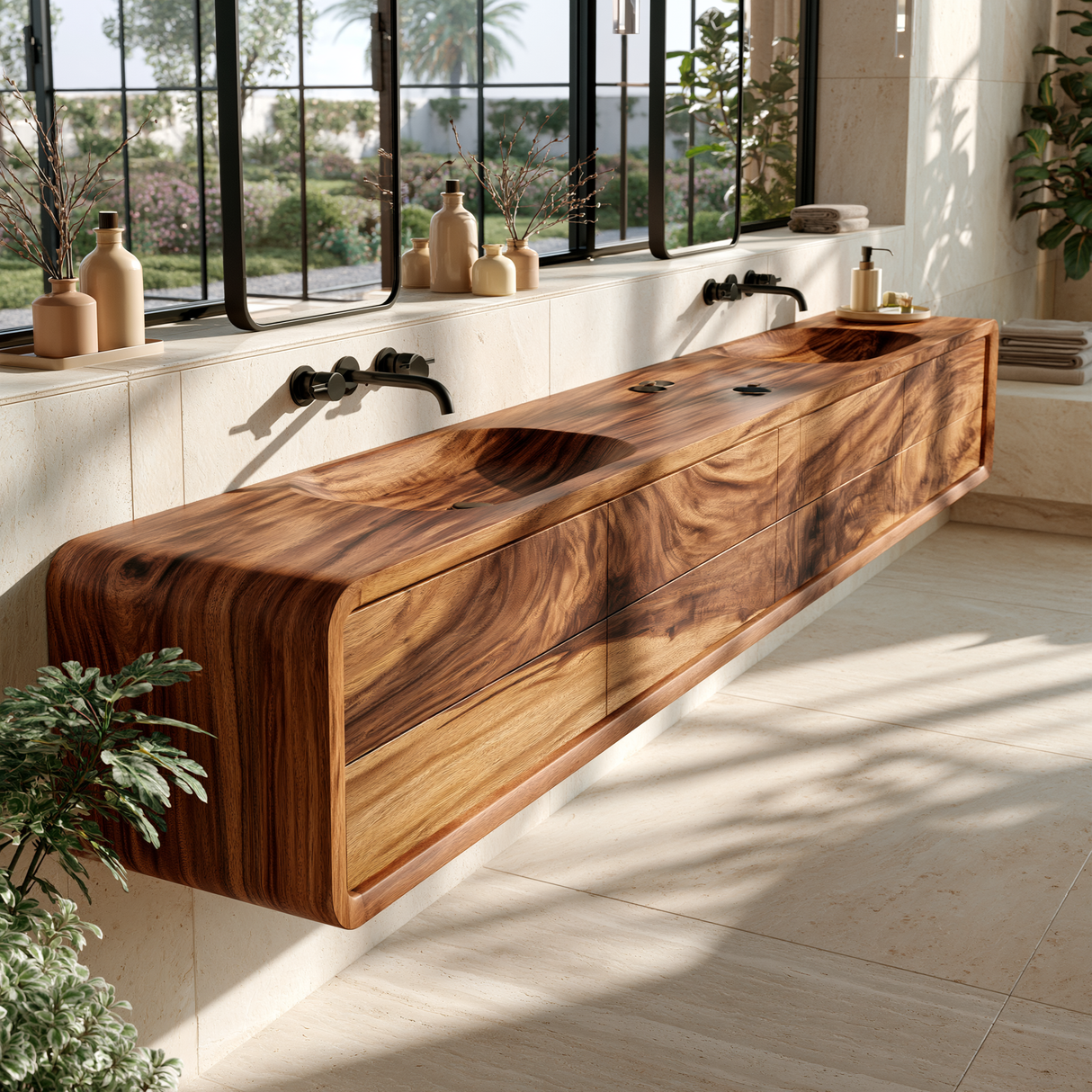 Valmere Handcrafted Solid Wood Floating Bathroom Vanity with Integrated Sinks and Drawers