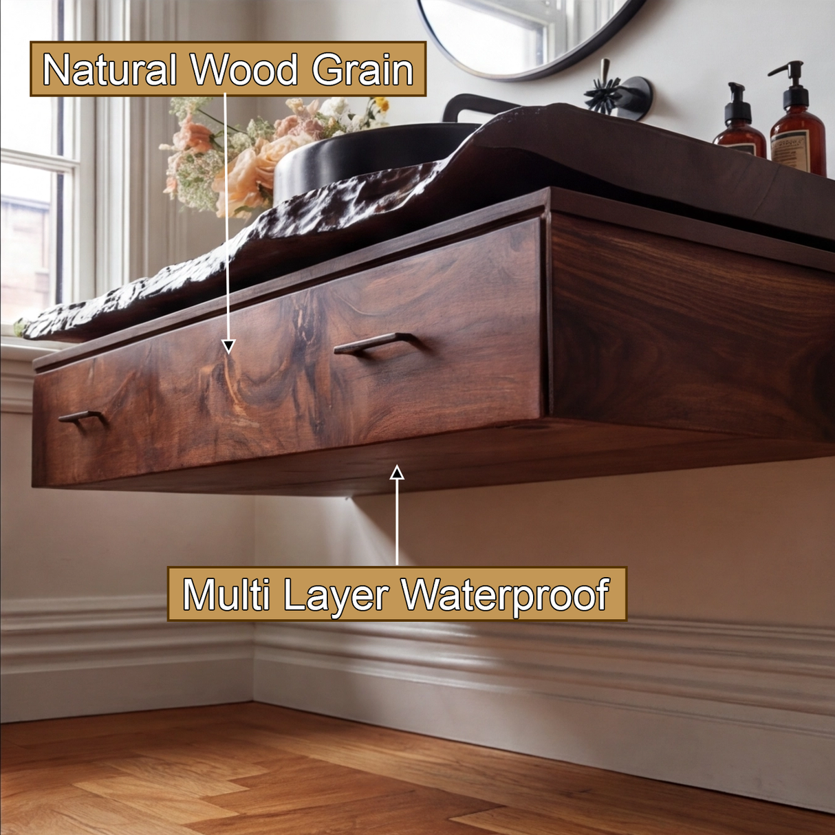 Valren Live Edge Solid Wood Floating Bathroom Vanity with Drawers - Timberustic Floating Bathroom Vanity With Drawers