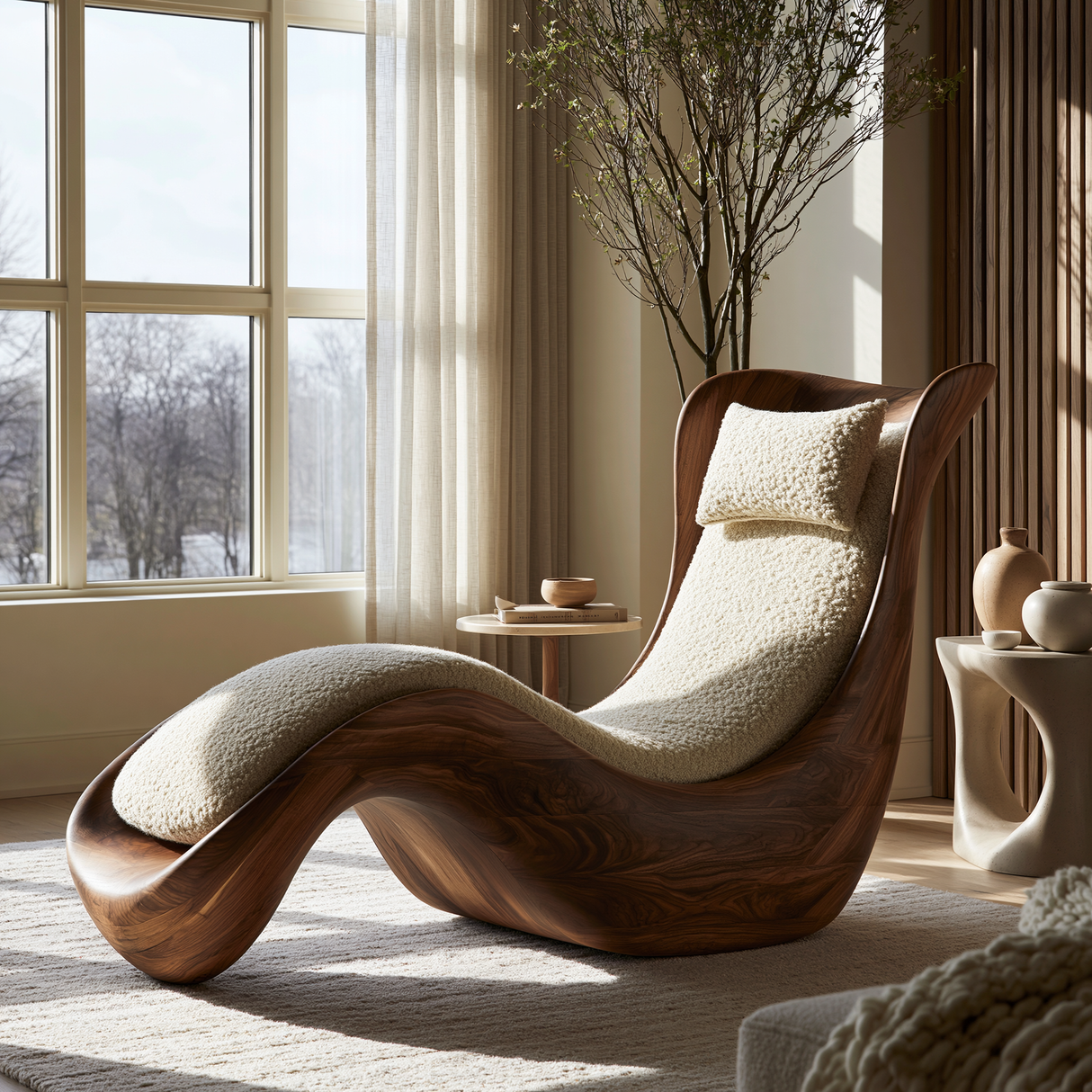 Valthera Handcrafted Sculpted Solid Wood Chaise Lounge