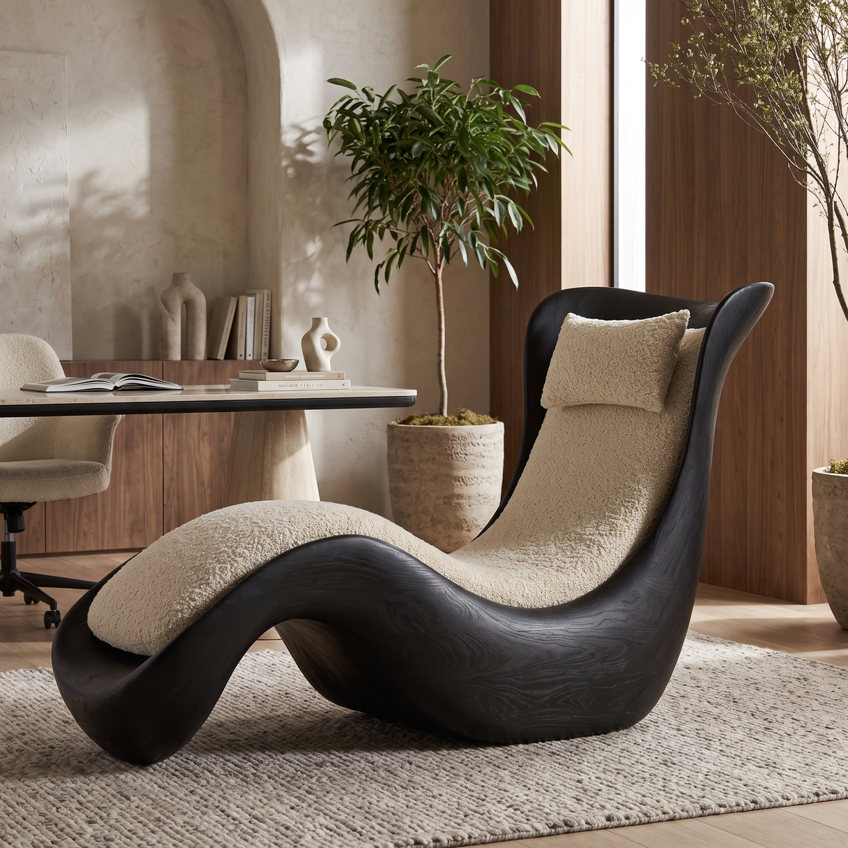 Valthera Handcrafted Sculpted Solid Wood Chaise Lounge