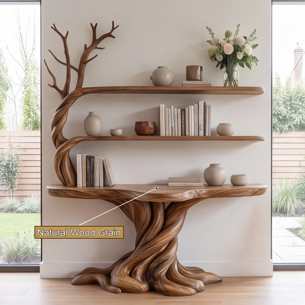 Valthera Treeform Sculpted Solid Wood Console Table with Shelves - Timberustic Console Table with Shelves