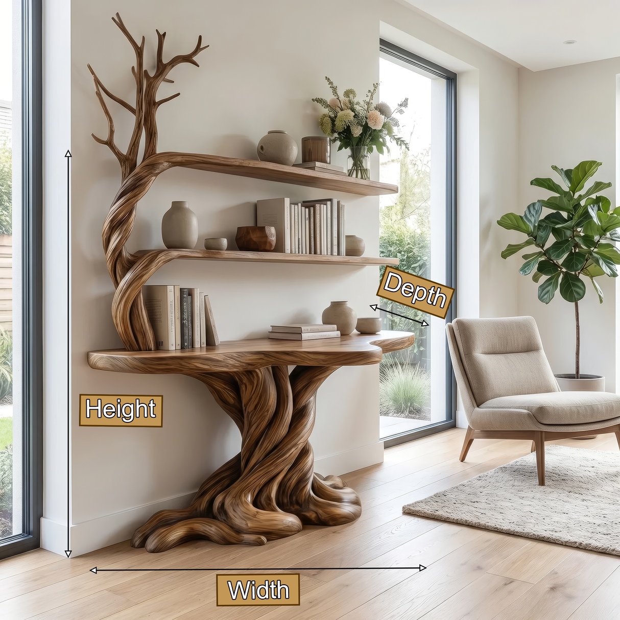 Valthera Treeform Sculpted Solid Wood Console Table with Shelves - Timberustic Console Table with Shelves