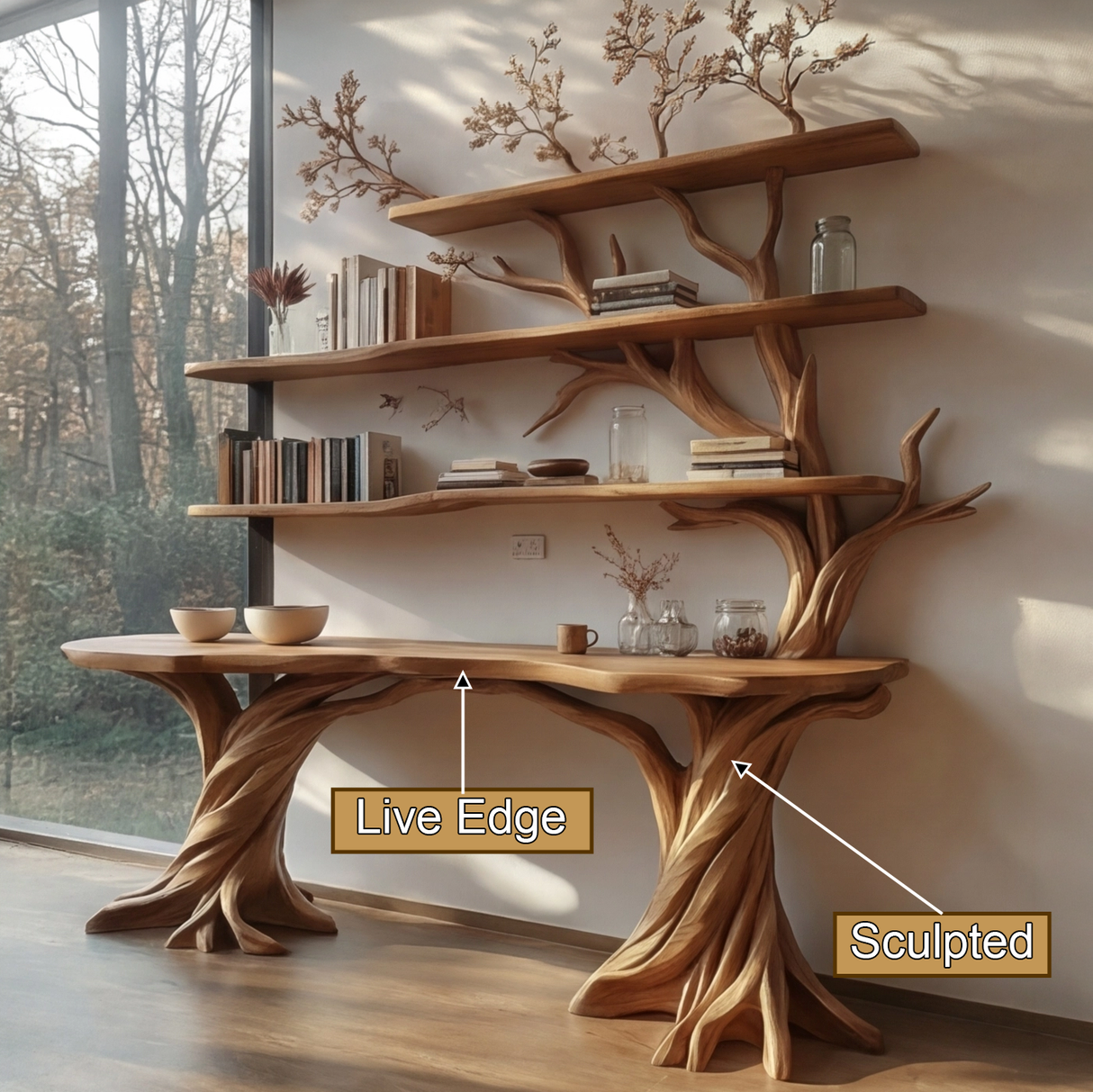 Valtheris Live Edge Solid Wood Console Table with Shelves - Timberustic Console Table with Shelves