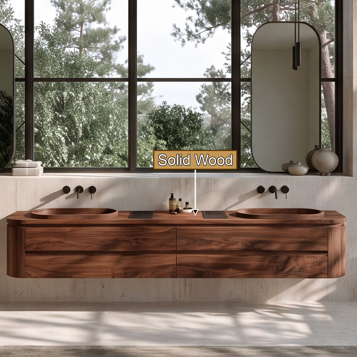 Valtheris Sculpted Solid Wood Floating Bathroom Vanity with Integrated Sinks and Drawers - Timberustic Floating Bathroom Vanity with Integrated Sink and Drawers