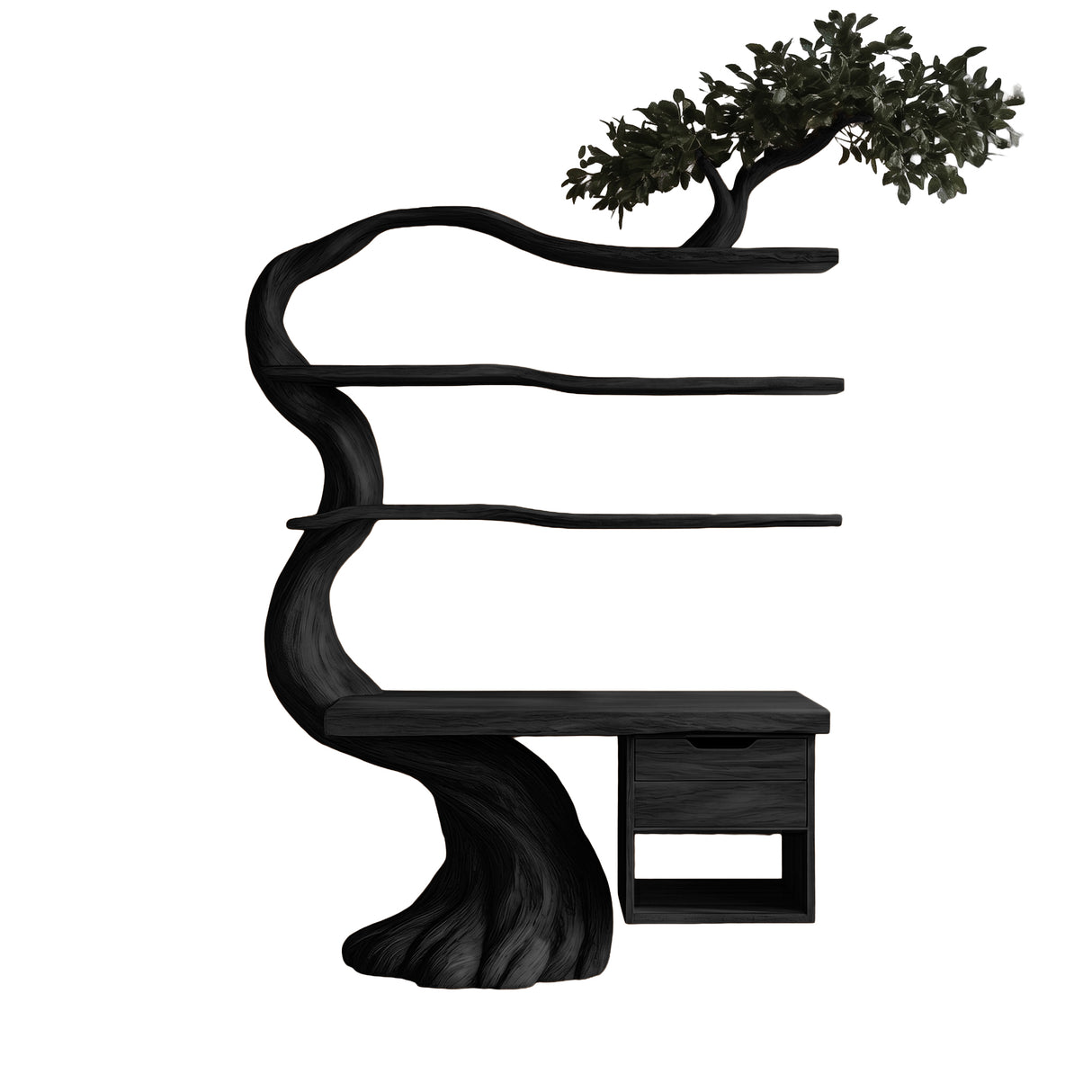 Valtheris Sculpted Solid Wood Tree Bookshelf with Drawers Black - Timberustic Tree Bookshelf
