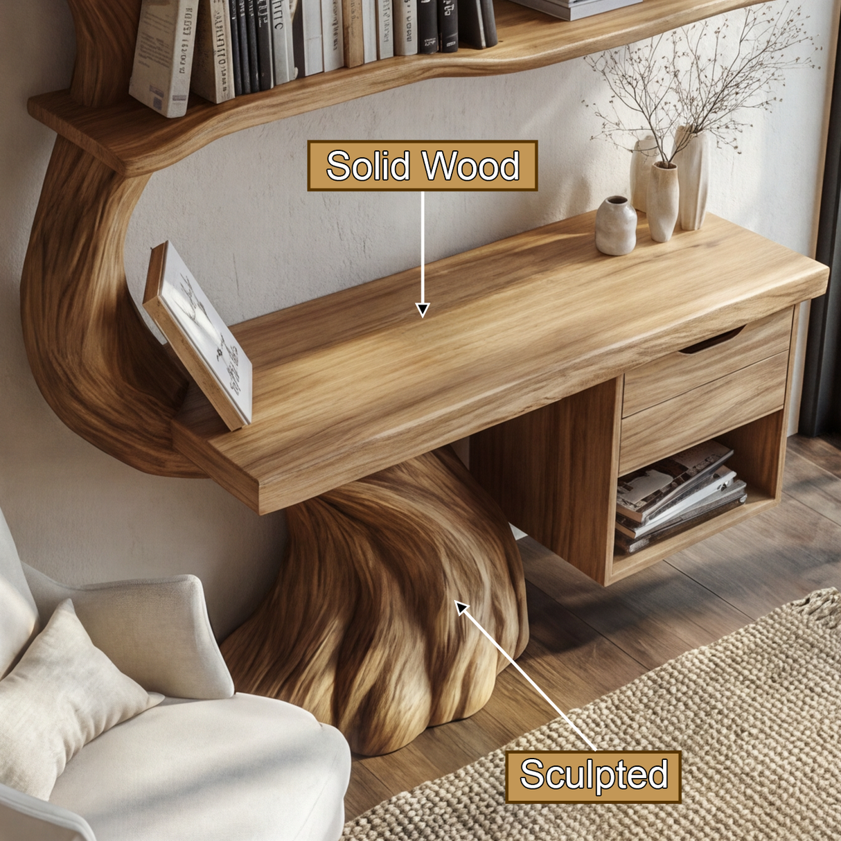 Valtheris Sculpted Solid Wood Tree Bookshelf with Drawers - Timberustic Tree Bookshelf