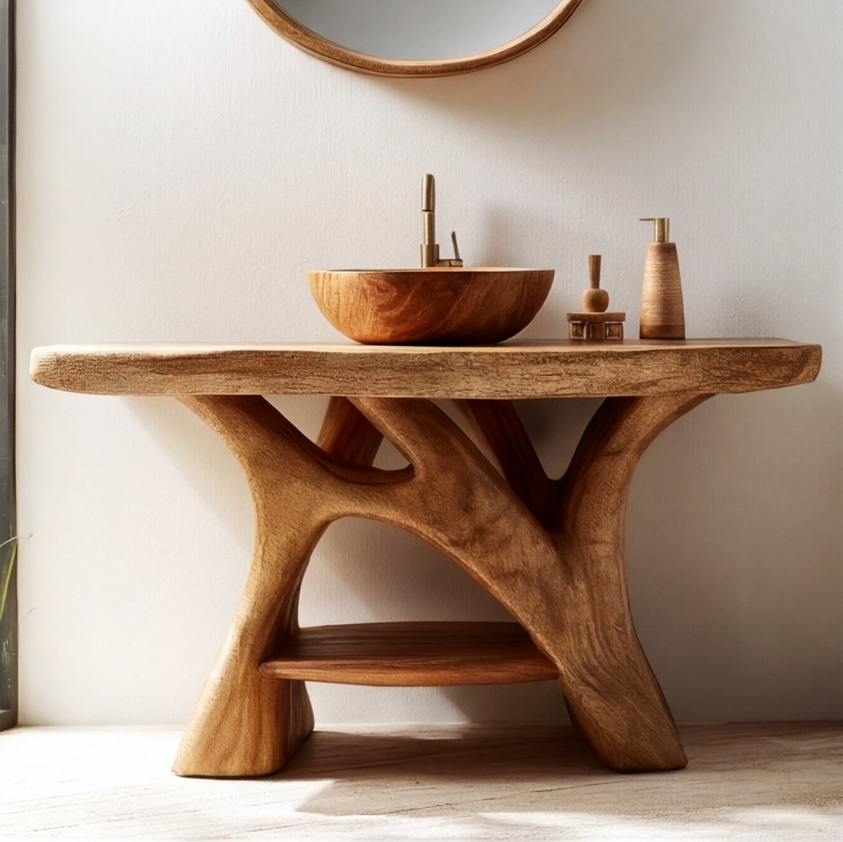Varnis Rootform Solid Wood Freestanding Bathroom Vanity with Open Storage - Timberustic Freestanding Bathroom Vanity with Open Storage