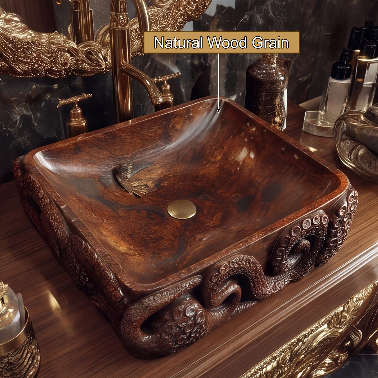 Velkris Octopus Form Handcarved Solid Wood Vessel Sink - Timberustic Vessel Sinks
