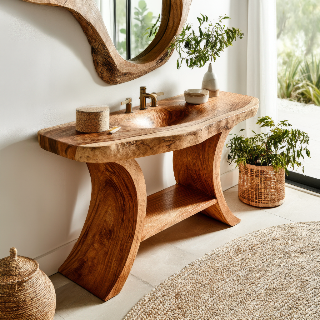 Velmior Sculpted Solid Wood Freestanding Bathroom Vanity with Integrated Sink and Open Storage - Timberustic Freestanding Bathroom Vanity with Integrated Sink and Open Storage