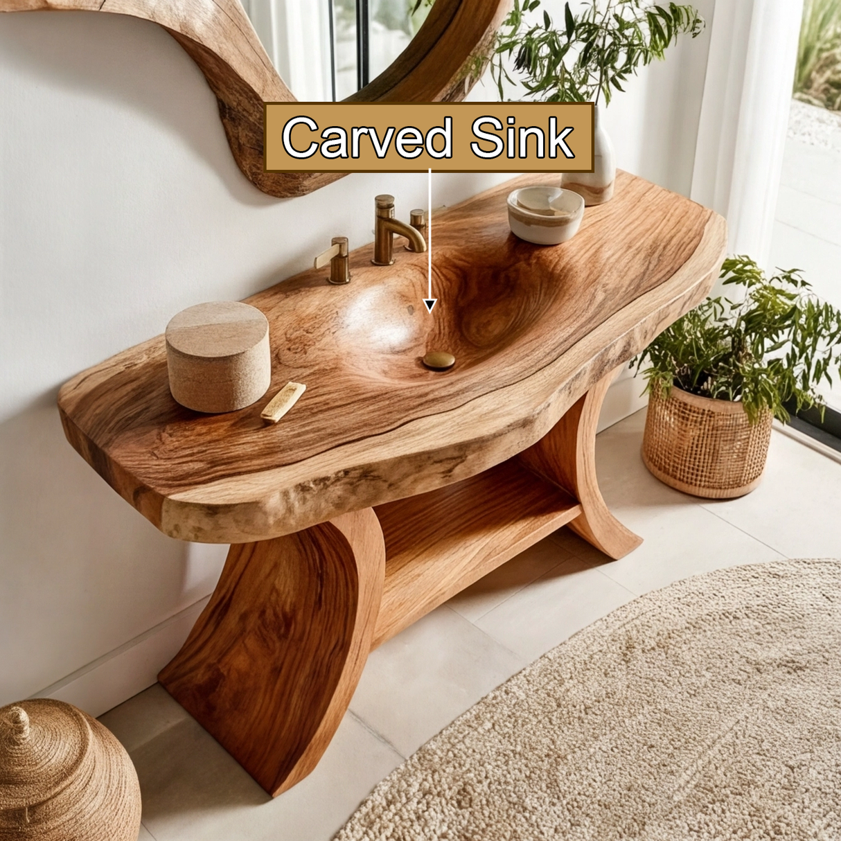 Velmior Sculpted Solid Wood Freestanding Bathroom Vanity with Integrated Sink and Open Storage - Timberustic Freestanding Bathroom Vanity with Integrated Sink and Open Storage