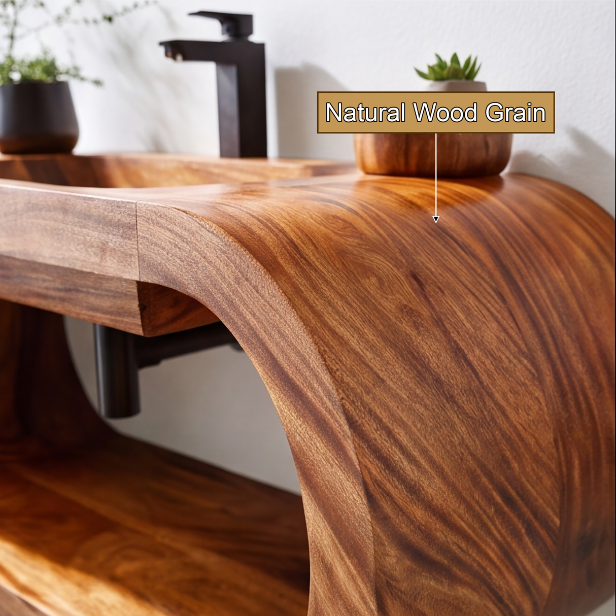 Velmora Handcrafted Sculpted Solid Wood Floating Bathroom Vanity with Open Storage
