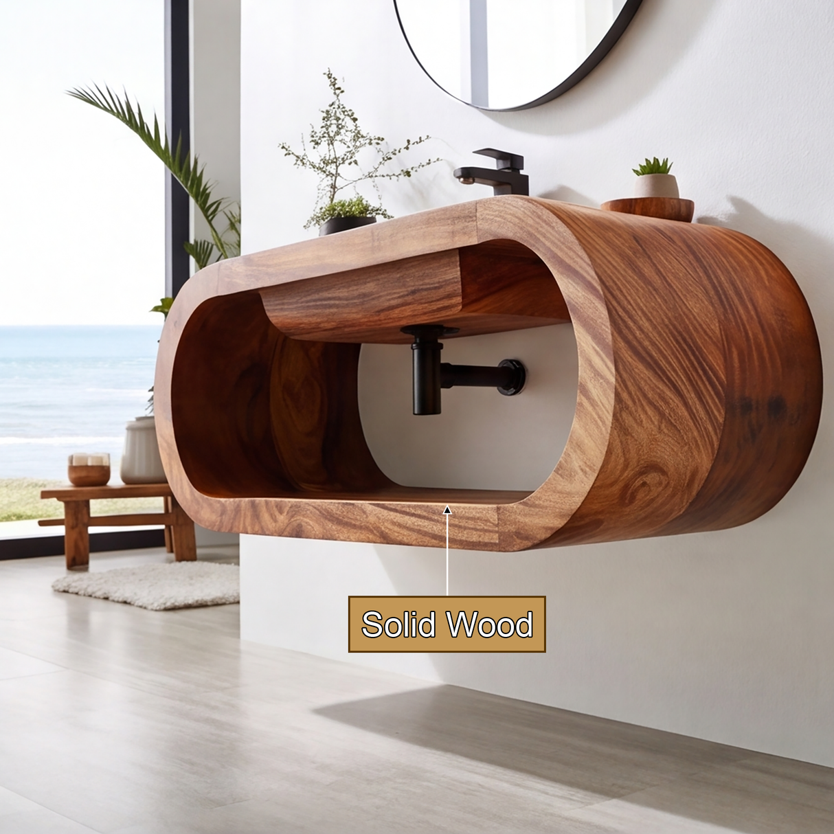 Velmora Handcrafted Sculpted Solid Wood Floating Bathroom Vanity with Open Storage