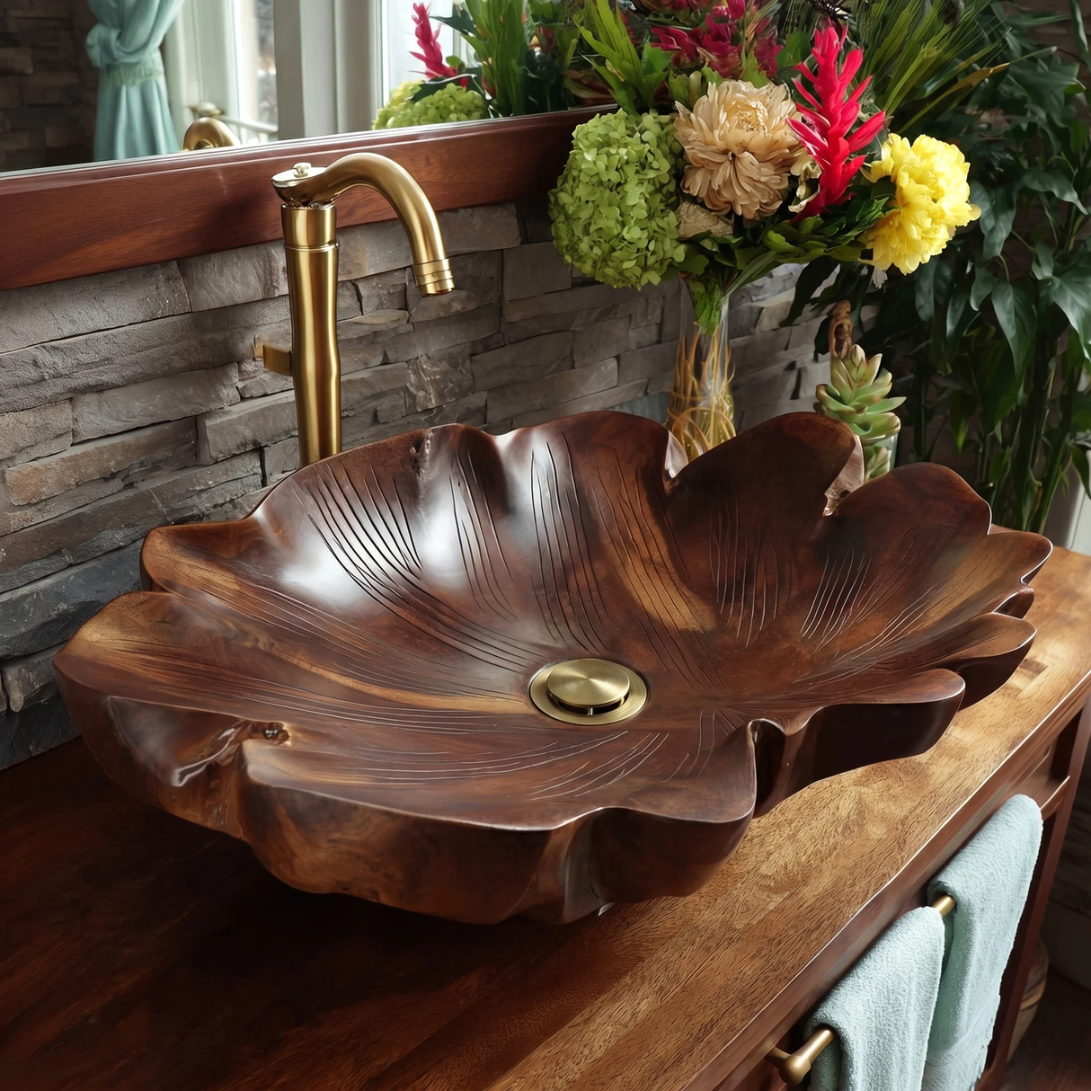 Velmora Handcrafted Solid Wood Flower Vessel Sink