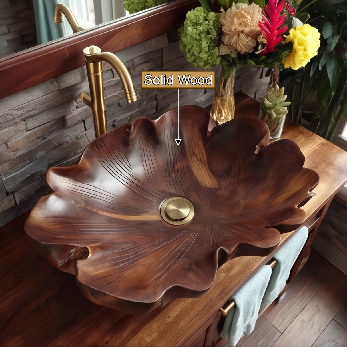 Velmora Handcrafted Solid Wood Flower Vessel Sink