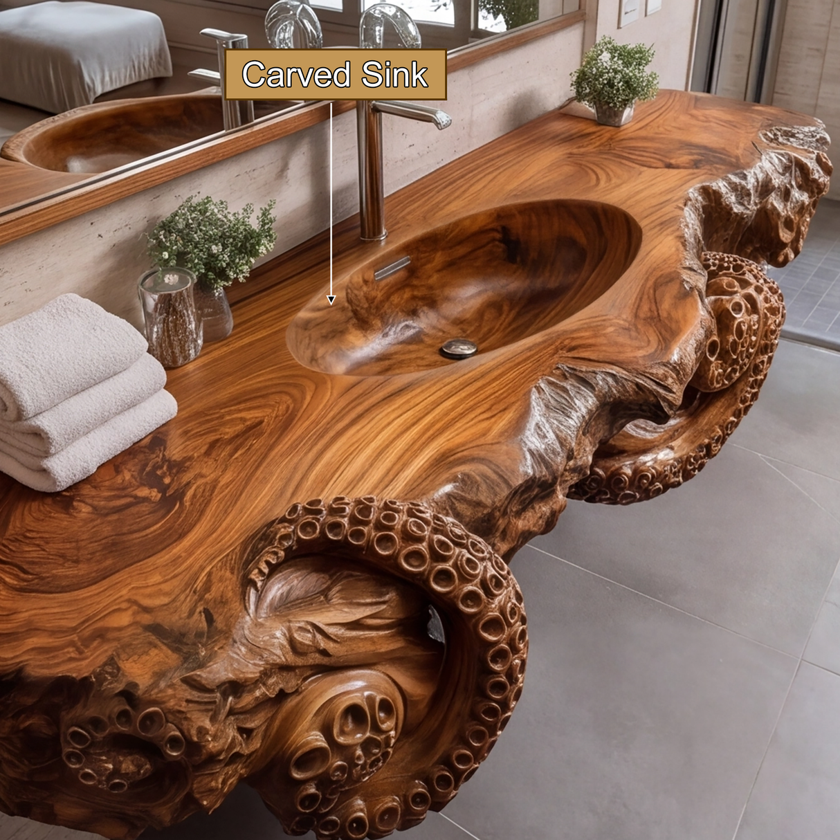 Velmora Octopus Form Sculpted Solid Wood Floating Bathroom Vanity with Integrated Sink - Timberustic Floating Bathroom Vanity with Integrated Sink