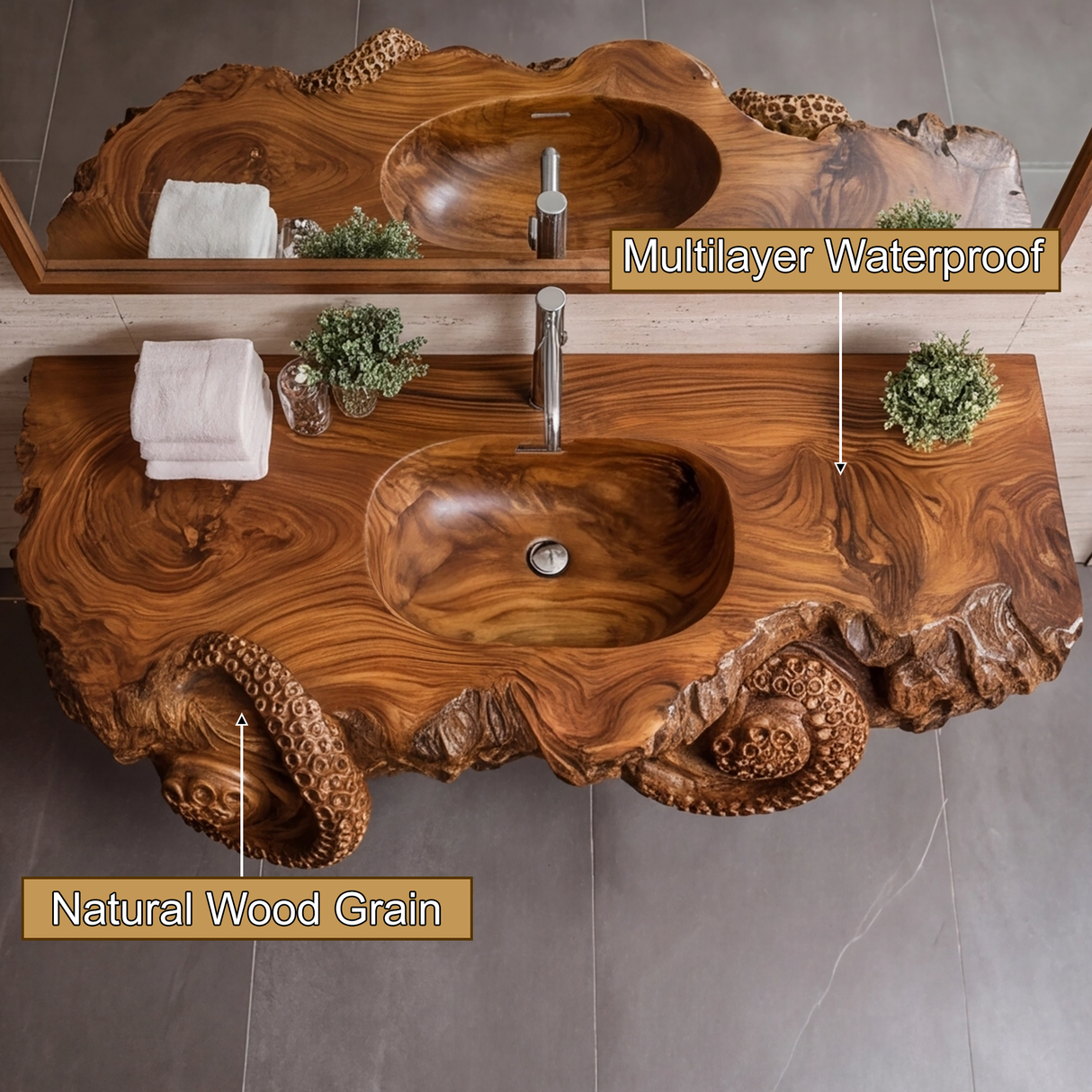 Velmora Octopus Form Sculpted Solid Wood Floating Bathroom Vanity with Integrated Sink - Timberustic Floating Bathroom Vanity with Integrated Sink