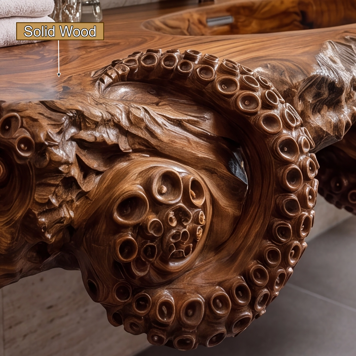 Velmora Octopus Form Sculpted Solid Wood Floating Bathroom Vanity with Integrated Sink - Timberustic Floating Bathroom Vanity with Integrated Sink