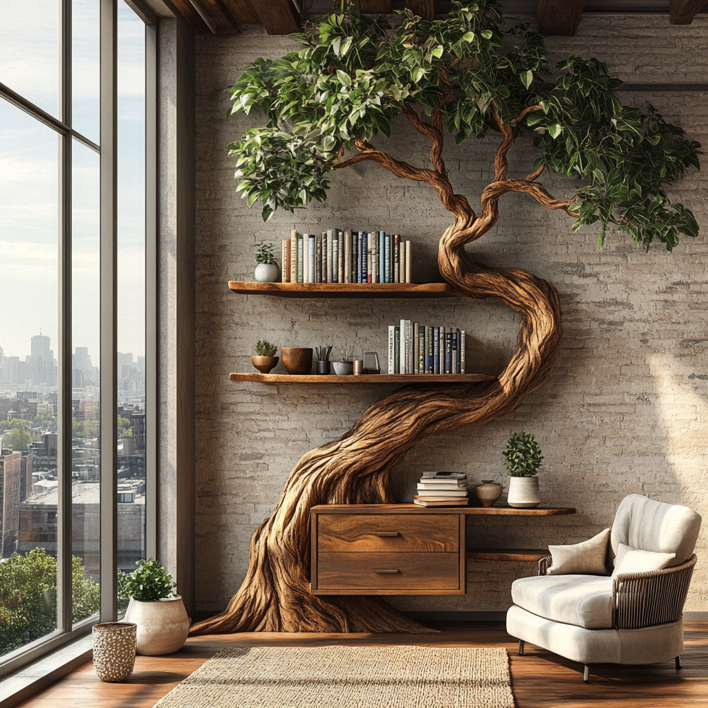 Velmora Organic Modern Tree Bookshelf with Drawers - Timberustic Tree Bookshelf