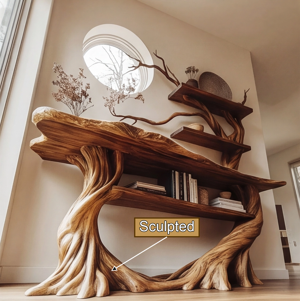 Velmora Sculpted Solid Wood Console Table with Shelves - Timberustic Console Table with Shelves
