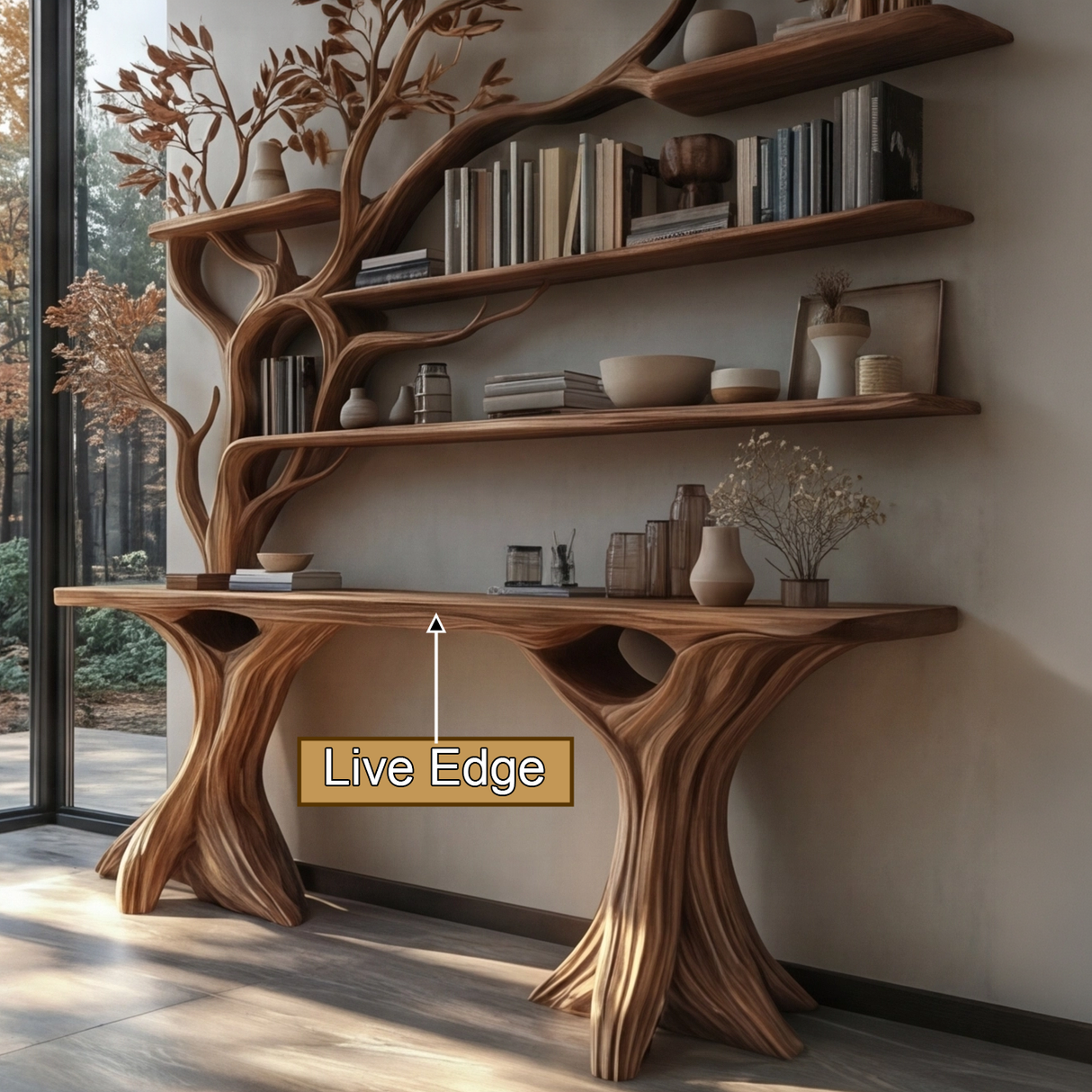Veltrion Sculpted Solid Wood Console Table with Shelves - Timberustic Console Table with Shelves