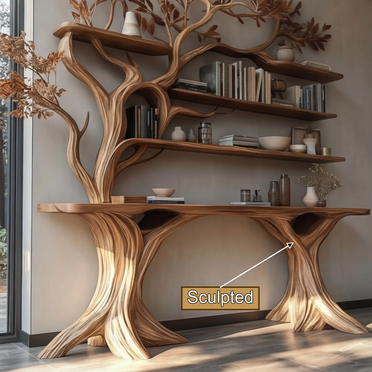 Veltrion Sculpted Solid Wood Console Table with Shelves - Timberustic Console Table with Shelves