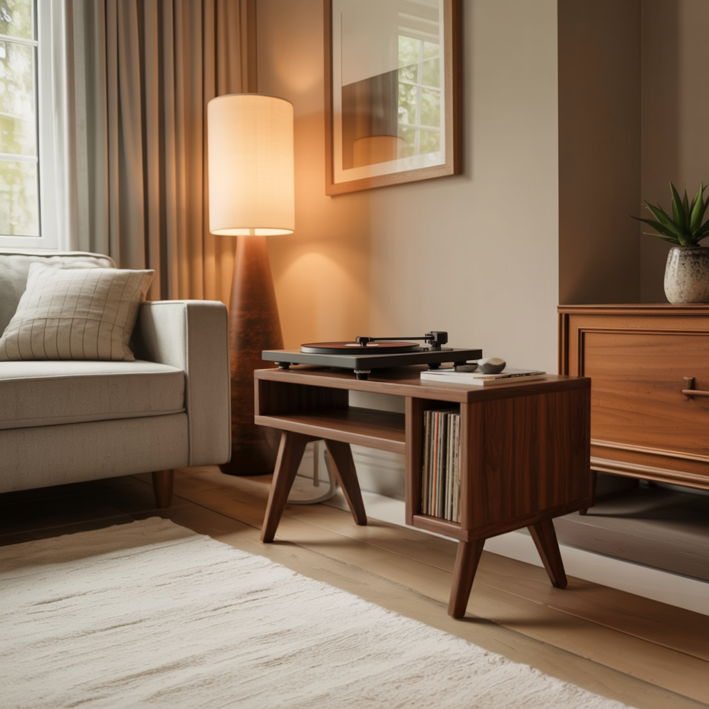 Verdan Solid Walnut Record Player Stand - Timberustic Record Player Stand With Storage
