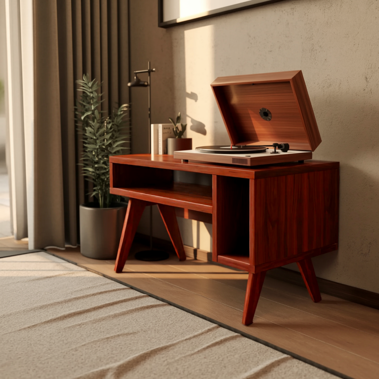 Verdan Solid Walnut Record Player Stand - Timberustic Record Player Stand With Storage