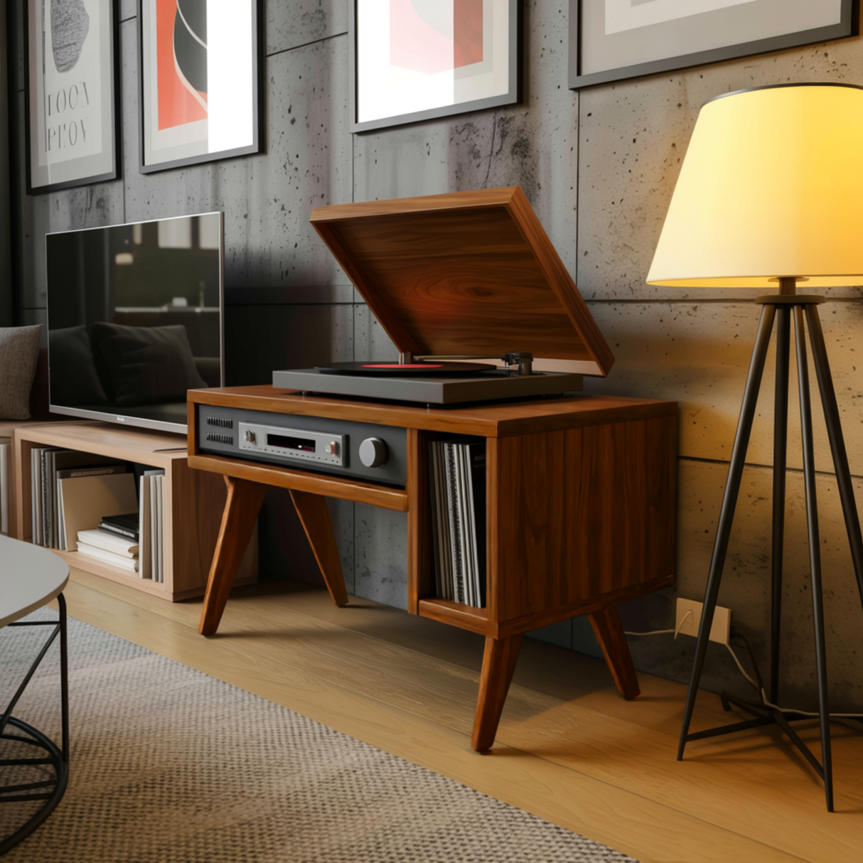Verdan Solid Walnut Record Player Stand - Timberustic Record Player Stand With Storage