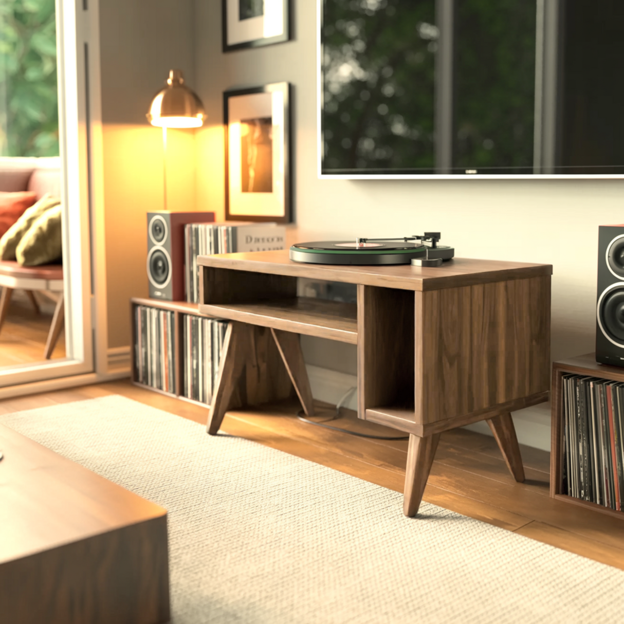 Verdan Solid Walnut Record Player Stand - Timberustic Record Player Stand With Storage