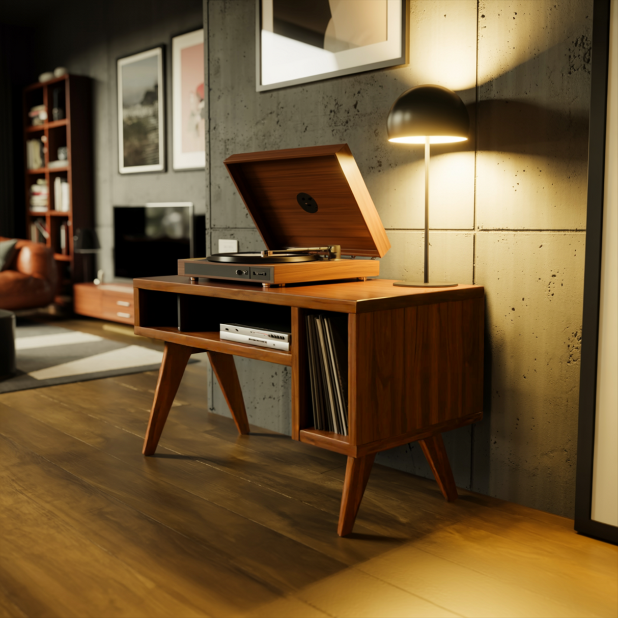 Verdan Solid Walnut Record Player Stand - Timberustic Record Player Stand With Storage