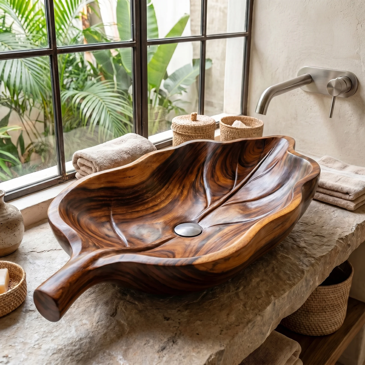 Verdelune Handcrafted Solid Wood Leaf Vessel Sink