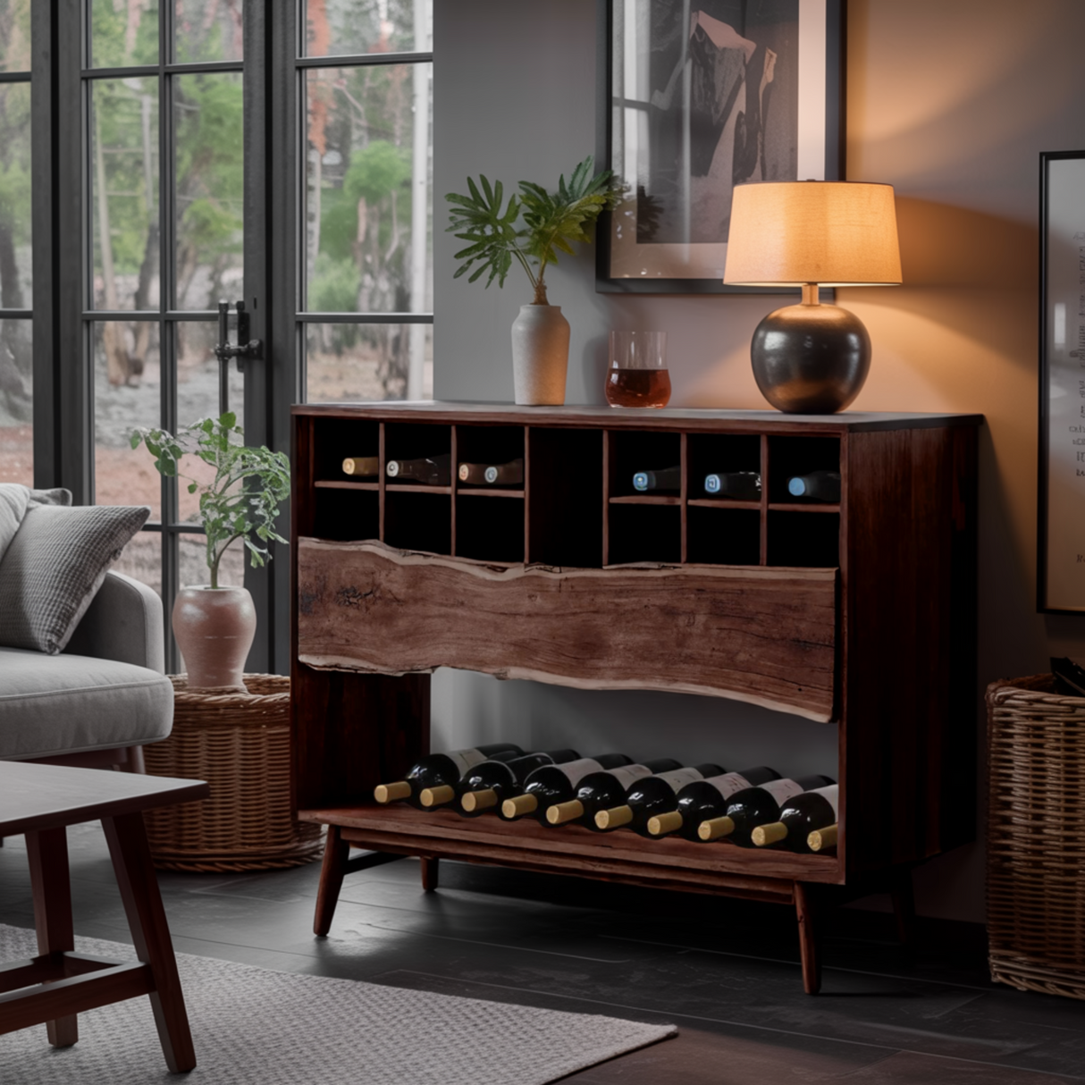 Veyra Live Edge Solid Wood Wine Rack Cabinet