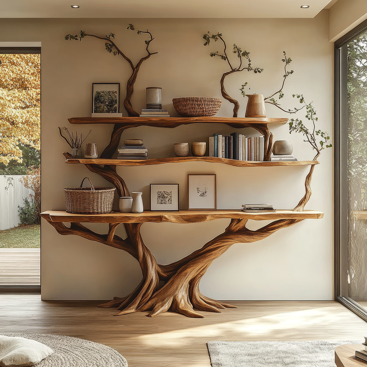 Virelia Sculpted Solid Wood Console Table with Shelves, Organic Modern ...